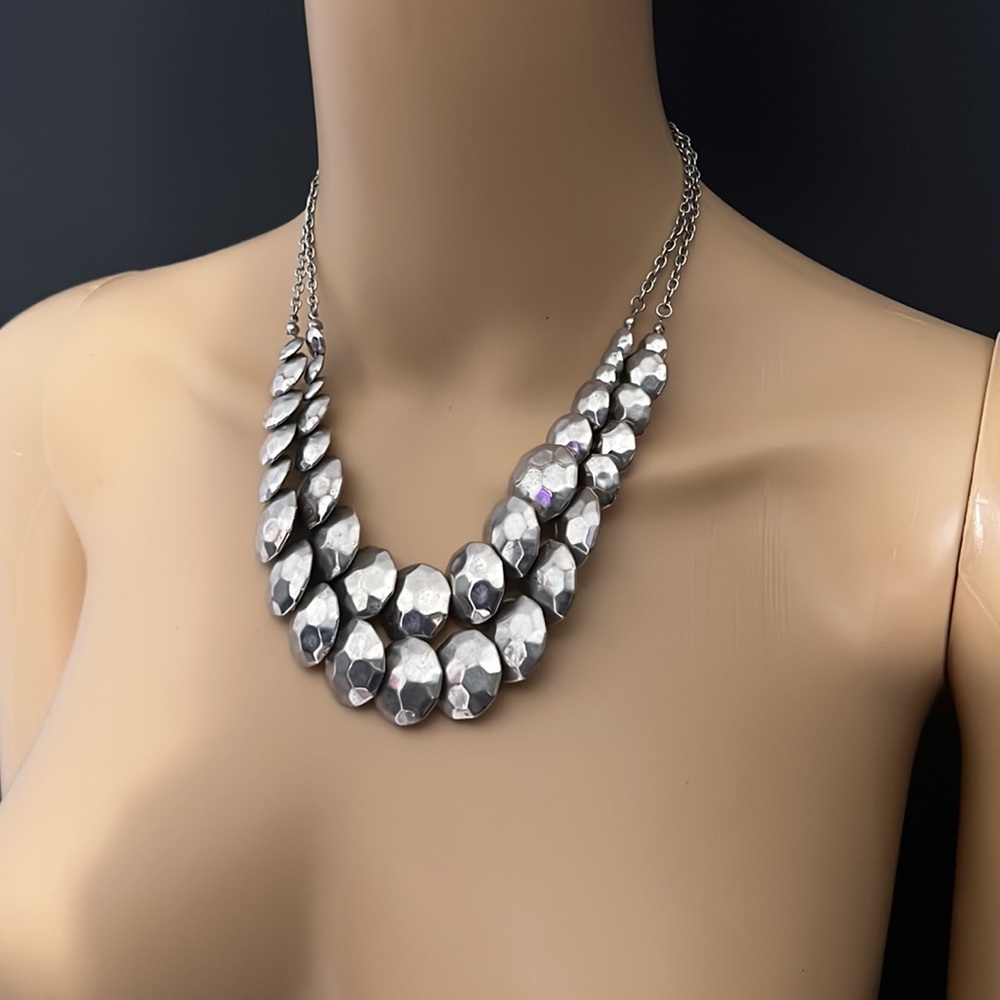 2 Layer Chain Big Chunky Silver Beaded Statement Necklace!